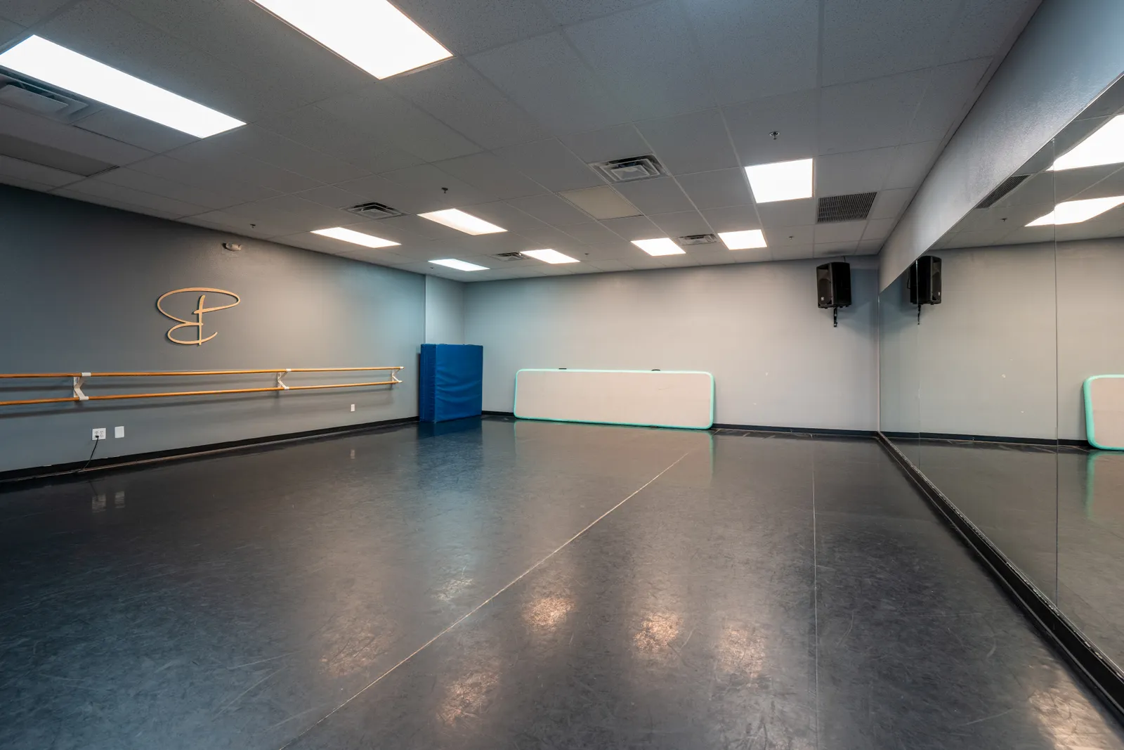 Tumbling and acro studio at Evolve Dance Center with sprung floor and air track
